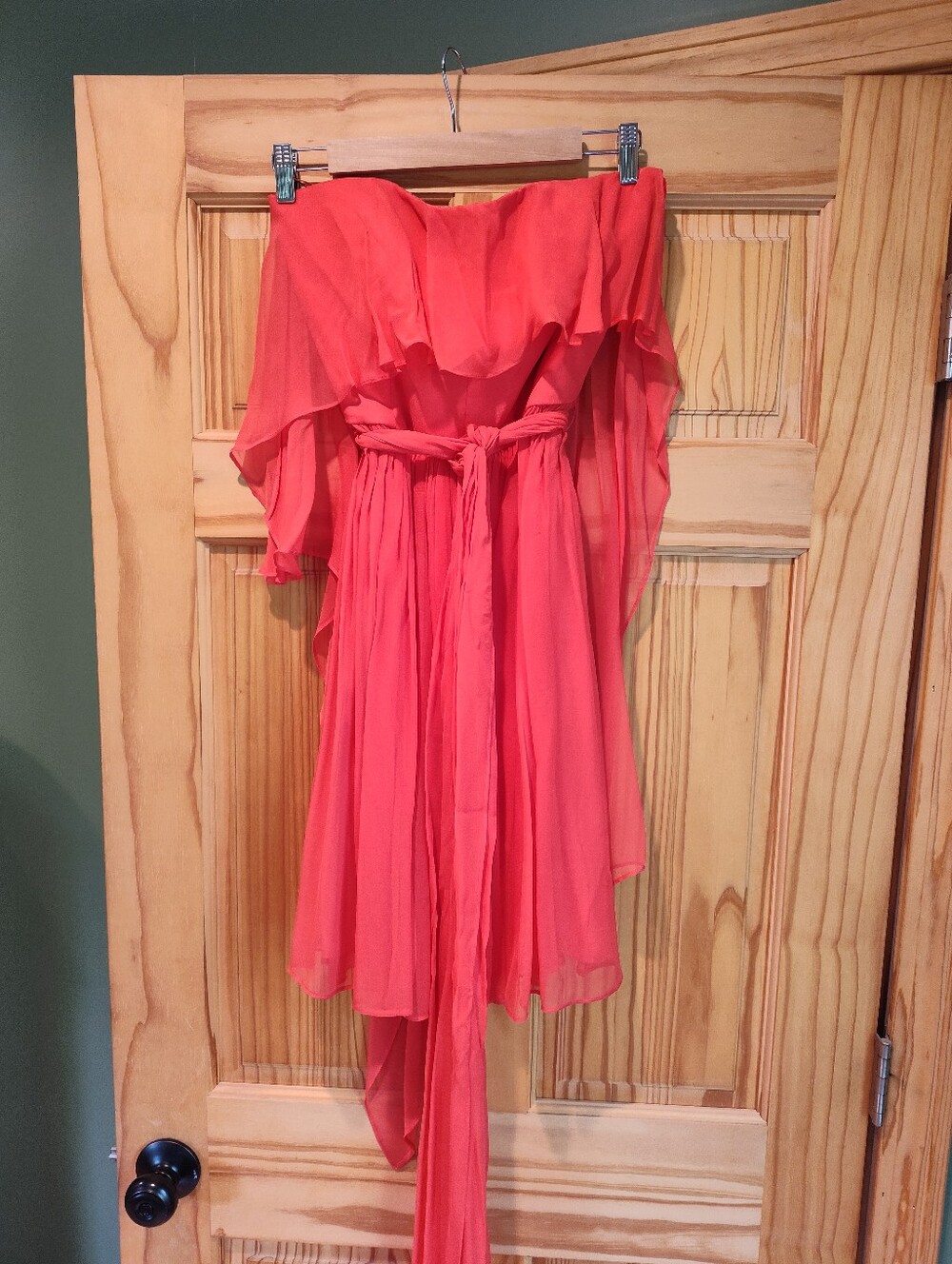 Halston Heritage Bright Red Silk Chiffon Strapless Cape Dress